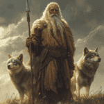The god Woden as an old man with beard next to his two wolves