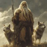 The god Woden as an old man with beard next to his two wolves