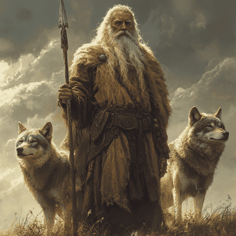 The god Woden as an old man with beard next to his two wolves